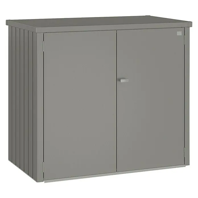 Biohort Mülltonnenbox Alex - L x B x H: 88 x 147 x 129 cm, Quarzgrau-Metallic - Ein grauer Metall-Gartenschrank mit zwei Türen. Ideal für die Aufbewahrung von Gartengeräten und Werkzeugen im Außenbereich.