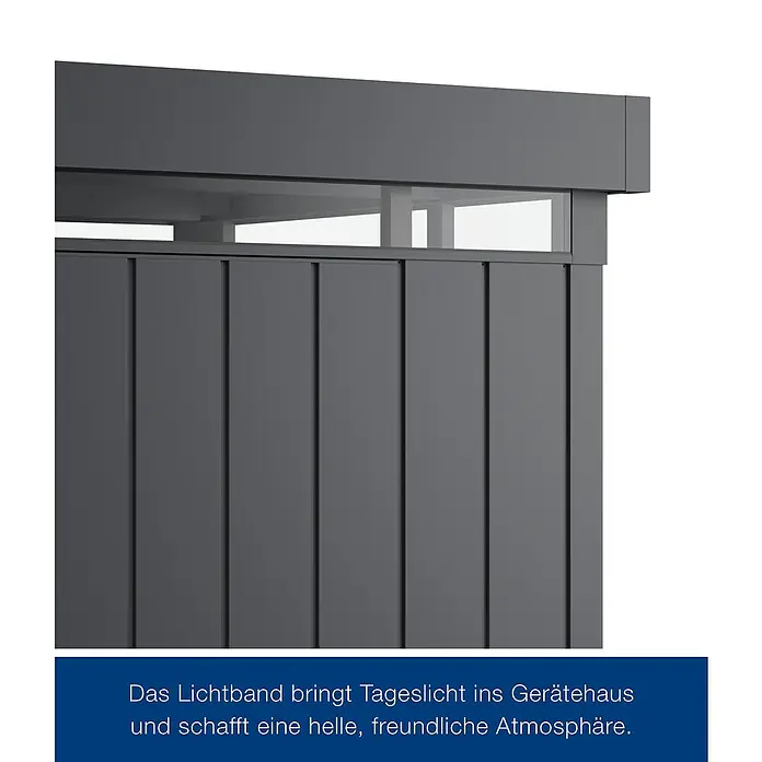 EcoStar Euroline Lichtausschnitt - 262 x 17 cm - Detailansicht eines Gerätehauses mit Lichtband, das Tageslicht hereinlässt und eine freundliche Atmosphäre schafft.