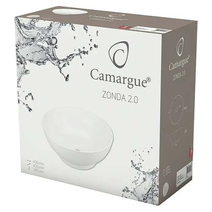 Camargue Waschschale Zonda 2.0 - Durchmesser: 43 cm, Ohne Spezialglasur, Hahnloch: Ohne, Ohne Überlauf, Weiß - Eine Verpackung für das Camargue ZONDA 2.0 Waschbecken, abgebildet mit Produktdetails und Abmessungen für Installationszwecke.
