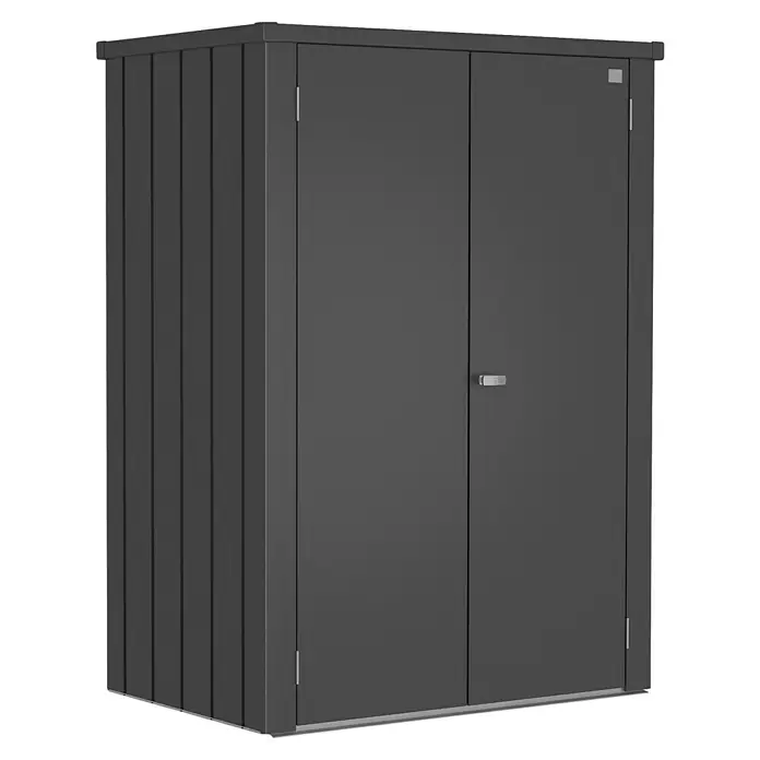 Biohort Romeo Gerätehaus - Außenmaß inkl. Dachüberstand (B x T): 132 x 87 cm, Stahl, Dunkelgrau-Metallic - Abbildung eines anthrazitfarbenen Metall-Geräteschranks mit Doppeltür und Griff für den Außenbereich zur Aufbewahrung von Gartengeräten.