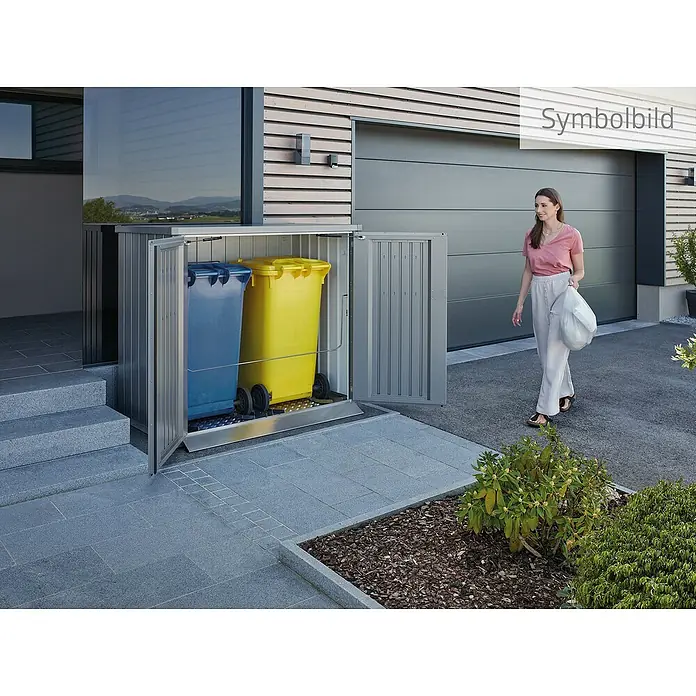 Biohort Mülltonnenbox Alex - L x B x H: 88 x 147 x 129 cm, Quarzgrau-Metallic - Mülltonnenbox aus Metall mit zwei Mülltonnen und einer Frau, die eine Mülltüte trägt.