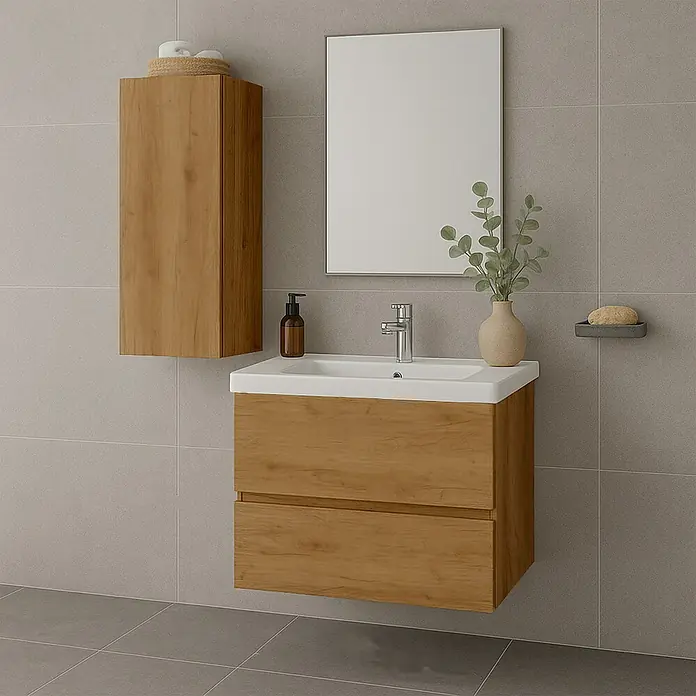 Mueble bajo de lavabo Cancún Slim - L x An x Al: 39 x 80 x 55 cm, Roble, Mate - El conjunto de lavabo de baño con mueble bajo de madera, armario con espejo y toallero ofrece un elegante espacio de almacenamiento.