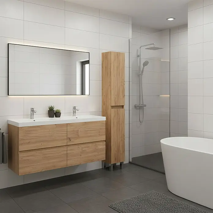 Armario colgante de baño Cancun - An x Pr x Al: 30 x 21 x 180 cm, Roble - Moderno baño con tocador doble con armarios de madera, un gran espejo y una bañera exenta. Luminoso y acogedor.