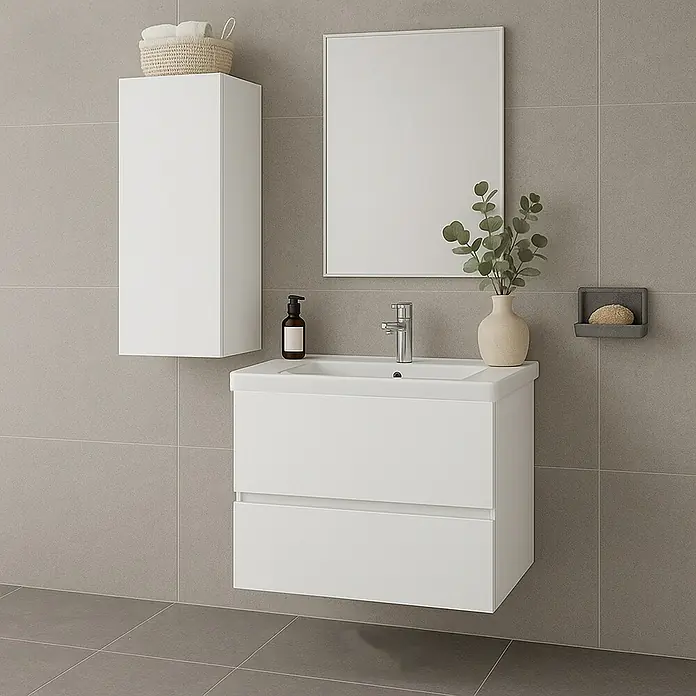 Mueble bajo de lavabo Cancún Slim - L x An x Al: 39 x 60 x 55 cm, Blanco, Mate - Escena de baño con un moderno tocador flotante en blanco con dos cajones y un armario con espejo a juego.