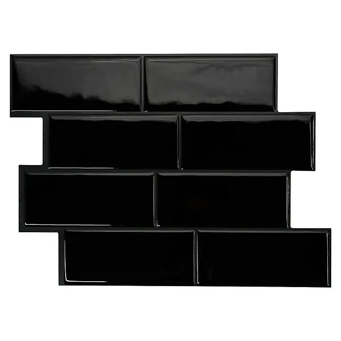 Smart Tiles Selbstklebemosaik Metro - 29,34 x 21,28 cm, Nero, Glänzend - Nahaufnahme eines Blatts glänzender, schwarzer U-Bahn-Fliesen, die sich perfekt für moderne Küchenrückwände und Badezimmerwände eignen.