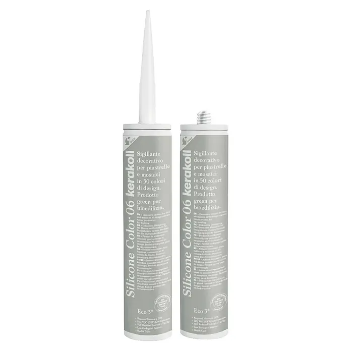 Kerakoll Silicona universal Color - Tono de color: 06, 310 ml - Imagen de dos tubos de Silicone Color 06 Kerakoll, un sellador decorativo para azulejos y mosaicos, ecológico y disponible en muchos colores.