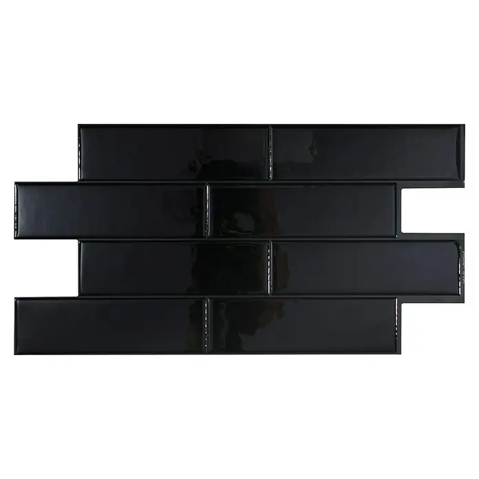 Smart Tiles Selbstklebemosaik Oslo - 57,31 x 27,62 cm, Nero, Glänzend - Schwarze, glänzende Metrofliesen im horizontalen Mauerverband. Die dunklen, rechteckigen Fliesen reflektieren das Licht und erzeugen einen modernen Look.