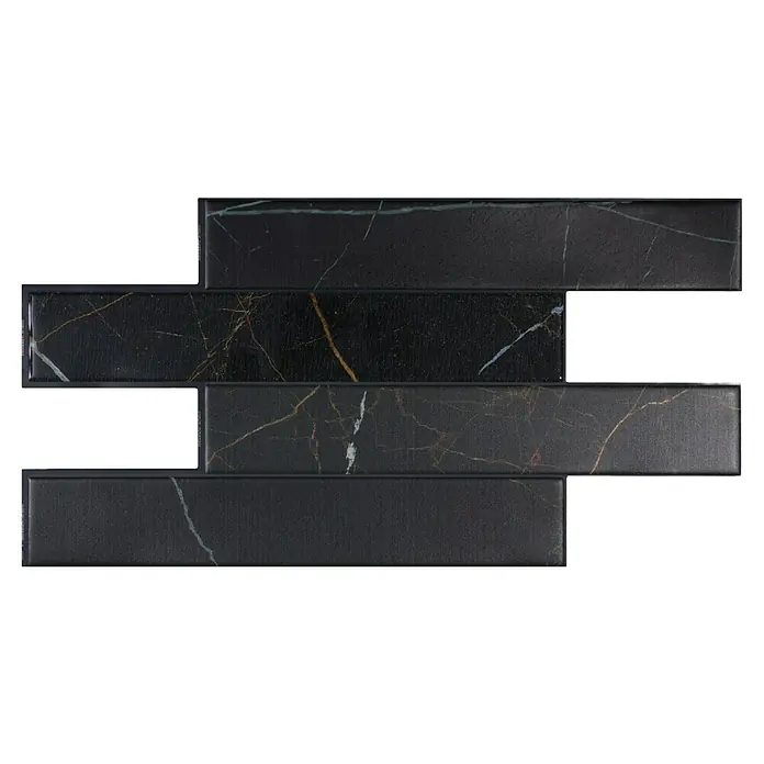 Smart Tiles Selbstklebemosaik Norway - 57,31 x 49,4 cm, Dorato, Matt - Bild von schwarzen Marmorfliesen mit dunklem Rahmen, die ein elegantes und modernes Design schaffen.