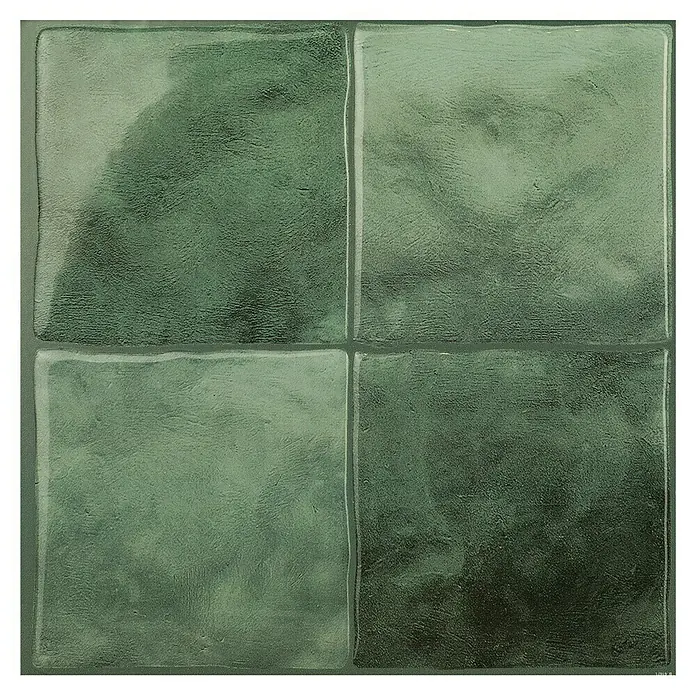 Smart Tiles Selbstklebemosaik Zellige - 22,86 x 22,86 cm, Taza, Glänzend - Grüne Glasfliesen in einem quadratischen Muster. Die Fliesen haben eine unebene Textur, die ein einzigartiges Aussehen verleiht.\n