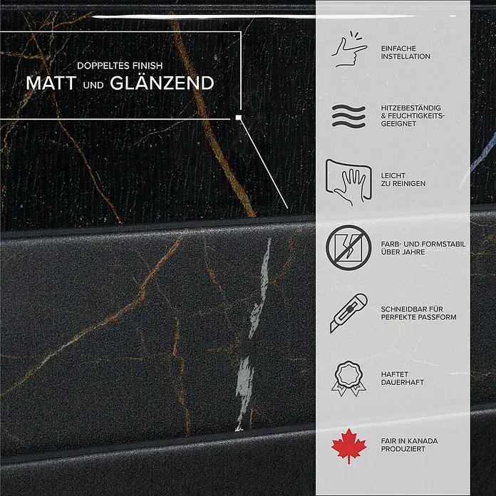 Smart Tiles Selbstklebemosaik Norway - 57,31 x 49,4 cm, Dorato, Matt - Bild eines Produkts mit einer matten und glänzenden Oberfläche, das hitzebeständig, leicht zu reinigen und einfach zu installieren ist.