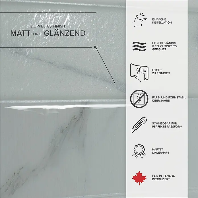Smart Tiles Selbstklebemosaik Norway - 57,31 x 49,4 cm, Asti, Matt - Abbildung der Produktdetails: doppelte Oberfläche matt und glänzend, einfache Installation, hitzebeständig und feuchtigkeitsbeständig.