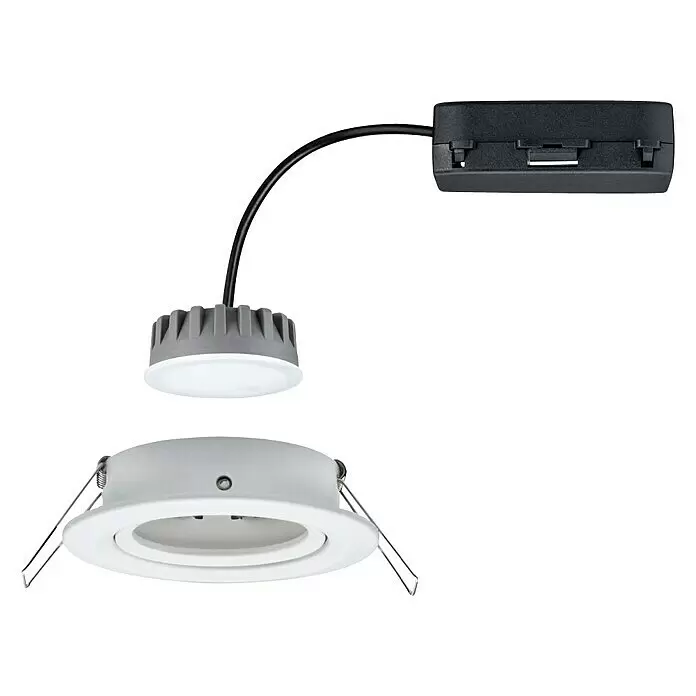 Paulmann Downlight empotrable LED redondo Nova Plus Coin - 6,8 W, Ø x Al: 8,4 x 4,5 cm, Blanco, Blanco cálido - Foco LED empotrable blanco con módulo LED gris separado y caja de controlador negra.