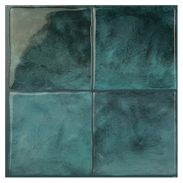 Smart Tiles Selbstklebemosaik Zellige - 22,86 x 22,86 cm, Costa, Glänzend - Abstraktes Kunstwerk mit vier Feldern in verschiedenen Türkis- und Grüntönen, getrennt durch schmale, helle Linien. Strukturierte Oberfläche.