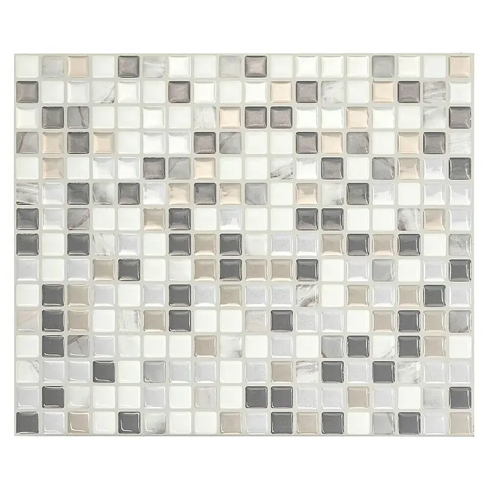 Smart Tiles Selbstklebemosaik Minimo - 29,34 x 24,48 cm, Noche, Glänzend - Nahaufnahme von Mosaikfliesen in Weiß, Grau und Beige, ideal für Küchen- und Badgestaltung.