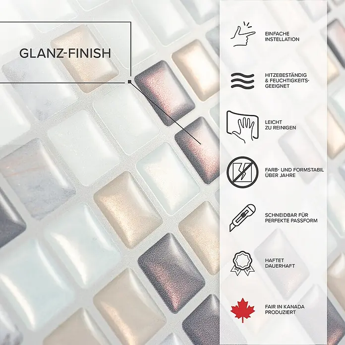 Smart Tiles Selbstklebemosaik Minimo - 29,34 x 24,48 cm, Noche, Glänzend - Nahaufnahme von glänzenden Mosaikfliesen mit Produktvorteilen wie einfache Installation und Hitzebeständigkeit.