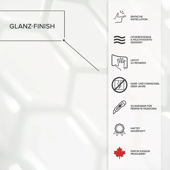 Smart Tiles Selbstklebemosaik Hexago - 24,46 x 28,6 cm, Weiss, Glänzend - Das Bild zeigt eine Nahaufnahme eines Produkts mit Glanzfinish und verschiedenen Produkteigenschaften, die durch Icons dargestellt werden.