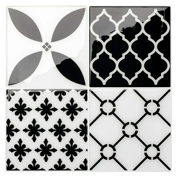Smart Tiles Selbstklebemosaik Vintage - 22,86 x 22,86 cm, Bilbao, Glänzend - Schwarze und weiße Fliesen mit vier verschiedenen geometrischen Mustern, die ein stilvolles Dekor ergeben.