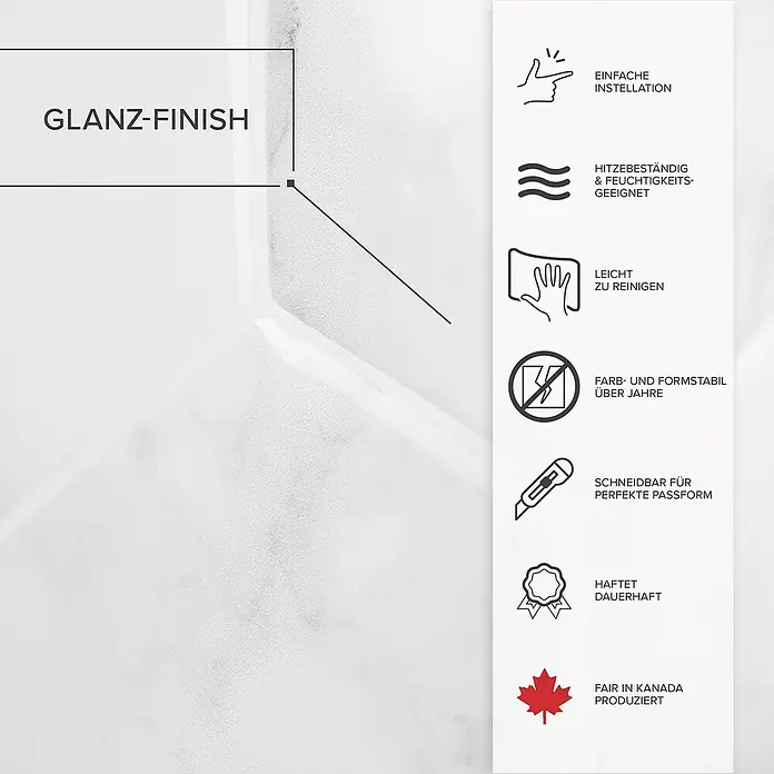 Smart Tiles Selbstklebemosaik Hexa - 24,78 x 23,75 cm, Yule, Glänzend - Das Bild zeigt das Produkt mit Hochglanz-Finish, einfacher Installation, Hitzebeständigkeit und einfacher Reinigung.