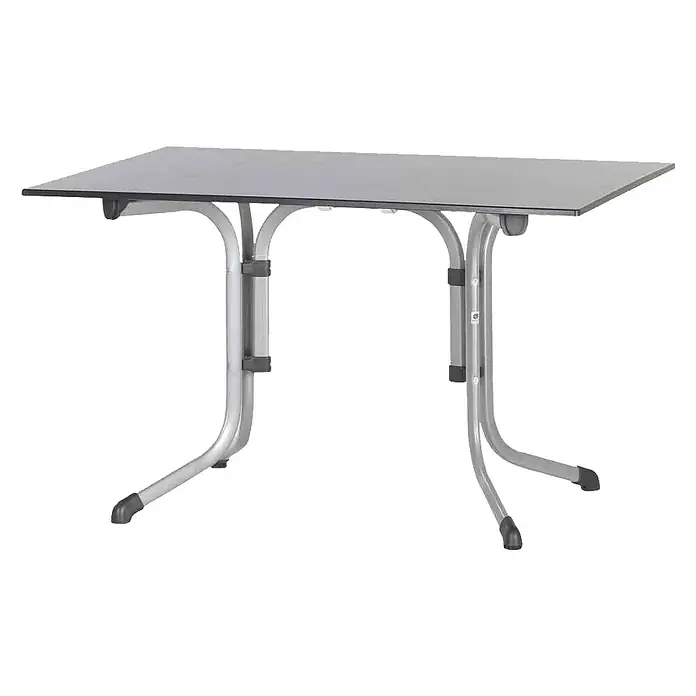 Sieger Boulevard Gartentisch - L x B x H: 120 x 80 x 73 cm, Stahl, Vivodur, Rechteckig, Graphit/Anthrazit - Ein rechteckiger Campingtisch mit grauem Oberteil und silbernem, klappbarem Untergestell für den flexiblen Einsatz im Freien.