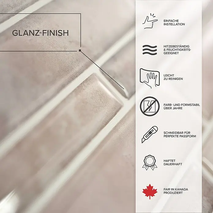 Smart Tiles Selbstklebemosaik Milano - 29,33 x 24,45 cm, Todi, Matt - Bild einer glänzenden Wandfliese mit Produktdetails wie einfache Installation und Hitzebeständigkeit, hergestellt in Kanada.