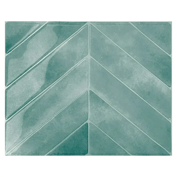 Smart Tiles Selbstklebemosaik Chevron - 29,02 x 22,86 cm, Taby, Glänzend - Nahaufnahme einer Aquamarin-Wandfliese mit einem stilvollen Chevron-Muster, perfekt für eine moderne Raumgestaltung.