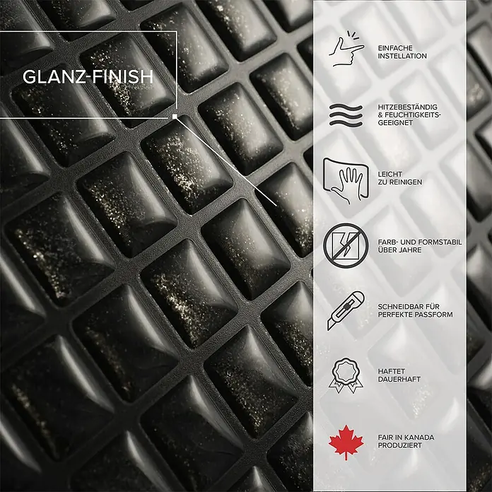 Smart Tiles Selbstklebemosaik Minimo - 29,34 x 24,48 cm, Nero, Glänzend - Nahaufnahme eines Paneels mit glänzender Oberfläche, das für einfache Installation, Hitzebeständigkeit und einfache Reinigung beworben wird.
