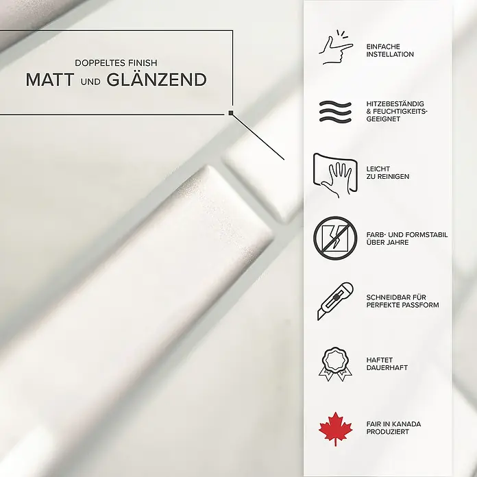 Smart Tiles Selbstklebemosaik Milano - 29,33 x 24,45 cm, Carrera, Matt - Das Bild zeigt ein Produkt mit mattem und glänzendem Finish, das hitzebeständig, leicht zu reinigen und einfach zu installieren ist.