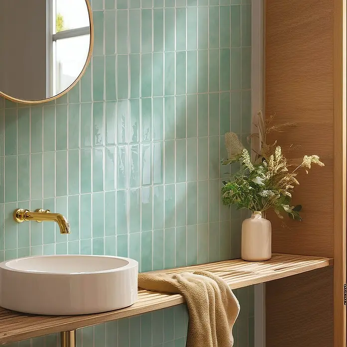 Smart Tiles Selbstklebemosaik Morocco - 29,02 x 22,86 cm, Asilah, Glänzend - Badezimmer mit Waschbecken und mintgrünen, glänzenden Wandfliesen im Hochformat, die dem Raum eine frische und moderne Note verleihen.