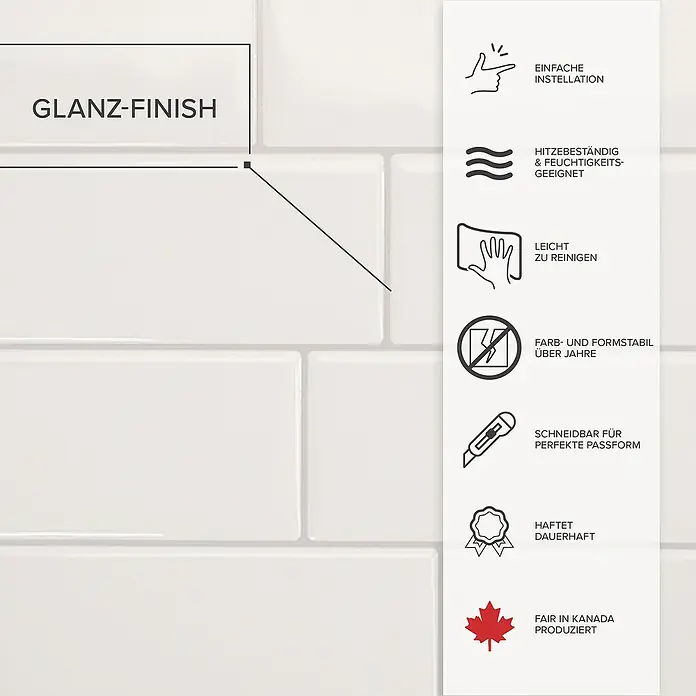 Smart Tiles Selbstklebemosaik Metro - 29,34 x 21,28 cm, Campagnola, Glänzend - Produktbild mit dem Hinweis auf das glänzende Finish und weitere Produkteigenschaften wie einfache Installation.