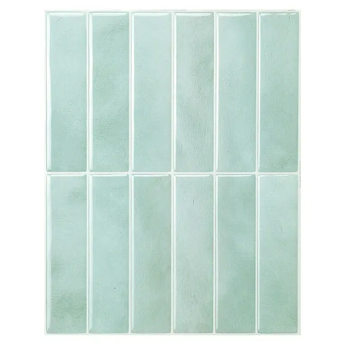 Smart Tiles Selbstklebemosaik Morocco - 29,02 x 22,86 cm, Asilah, Glänzend - Nahaufnahme eines Musters aus rechteckigen, türkisfarbenen Wandfliesen mit weißen Fugenlinien, die ein stilvolles und modernes Designelement zeigen.