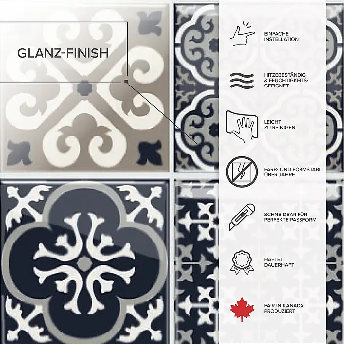 Smart Tiles Selbstklebemosaik Vintage - 22,86 x 22,86 cm, Arezzo, Glänzend - Ein Bild von dekorativen Fliesen mit Glanzoberfläche und verschiedenen Mustern, die sich ideal für stilvolle Innenräume eignen.