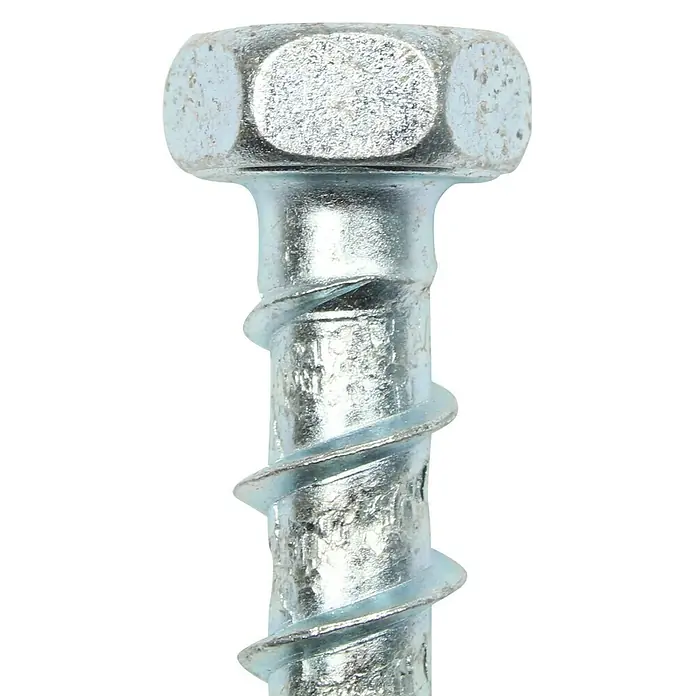 Profi Depot Kombibetonschraube - Durchmesser: 7,5 mm, Länge: 50 mm, V 30, 50 Stk. - Nahaufnahme einer Betonschraube mit Sechskantkopf und markanten Gewindegängen. Ideal für sichere Befestigungen in Beton und Mauerwerk.
