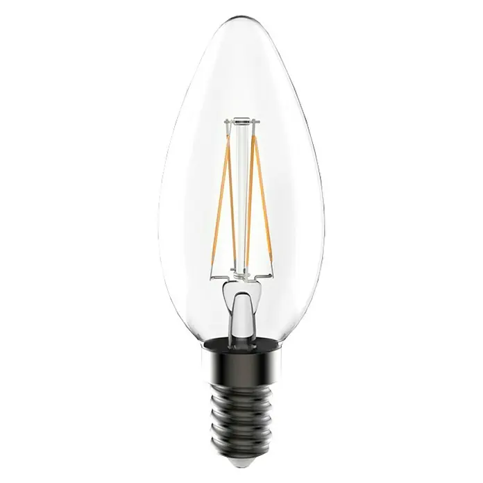 Garza Bombilla LED Filamento - E14, No regulable, Blanco cálido, 470 lm, 4 W, Vela - Primer plano de una bombilla LED de filamento con forma de vela, con vidrio transparente y base E14, que ofrece luz cálida y larga duración.
