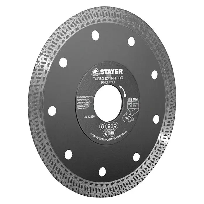 Stayer Disco de corte Turbo H10 - Ø x Es: 115 x 1,4 mm, Orificio: 22,22 mm - La imagen muestra un disco de corte STAYER Turbo Extrafino Pro H10, ideal para cortar cerámica y gres porcelánico, con un diámetro de 115 mm.