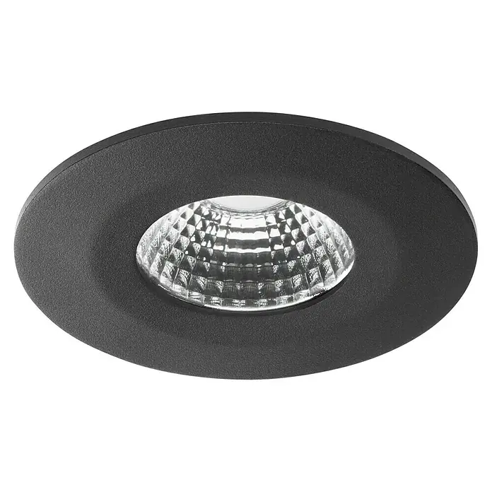 Brumberg LED-Einbauleuchte rund Dim2Warm - Ø x H: 8 x 3 cm, Schwarz, Warmweiß, 1 Stk. - Detailaufnahme einer runden, schwarzen LED-Einbauleuchte mit facettierter Lichtquelle.
