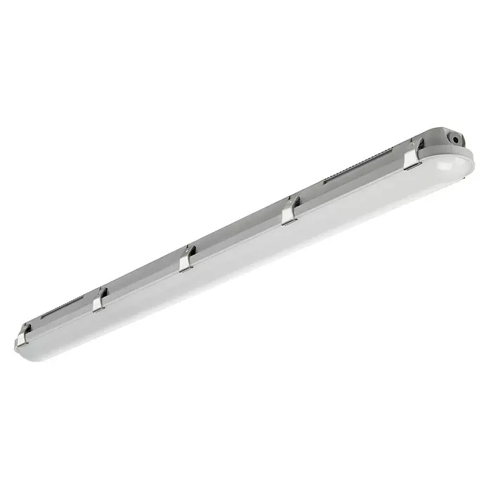 Brumberg LED-Feuchtraumlichtleiste - Länge: 119 cm, Lichtfarbe: Neutralweiß, 35 W, IP65 - Nahaufnahme einer langen, grauen LED-Leuchte mit Clips zur Befestigung. Ideal für Garage, Werkstatt oder Lager.