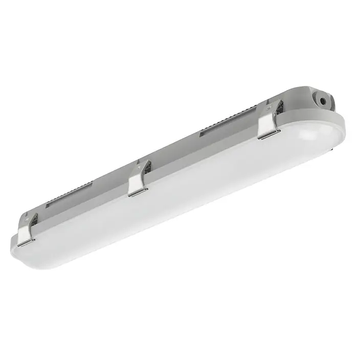 Brumberg LED-Feuchtraumlichtleiste - Länge: 58 cm, Lichtfarbe: Neutralweiß, 18 W, IP65 - Naheaufnahme einer grauen LED-Feuchtraumleuchte mit transparenter Abdeckung, die ein helles, diffuses Licht abgibt.