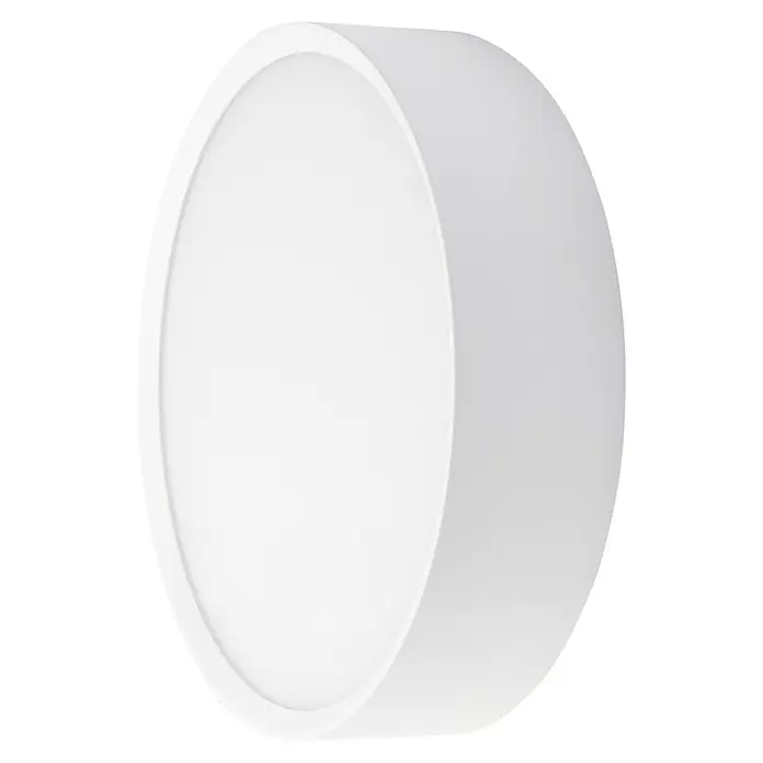 Brumberg LED-Wandleuchte rund - 12 W, Ø x H: 25 x 6 cm, Weiß, Warmweiß - Nahaufnahme einer runden, weißen Wandleuchte, die ein modernes und minimalistisches Design aufweist und sanftes Licht ausstrahlt.