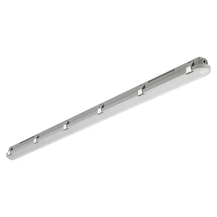 Brumberg LED-Feuchtraumlichtleiste - Länge: 149 cm, Lichtfarbe: Neutralweiß, 28 W, IP65 - Diese Aufnahme zeigt eine robuste, längliche LED-Leuchte mit grauen Halterungen, ideal für industrielle Umgebungen. Sie bietet helle und effiziente Beleuchtung.