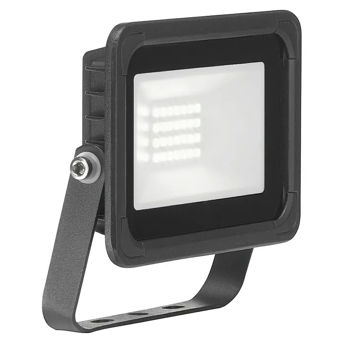 Brumberg LED-Strahler - 20 W, 2.400 lm, 3.000 K, L x B x H: 11,8 x 80 x 25 cm, IP65 - Nahaufnahme eines LED-Flutlichts mit schwarzem Gehäuse und verstellbarer Halterung. Ideal für die Außenbeleuchtung.