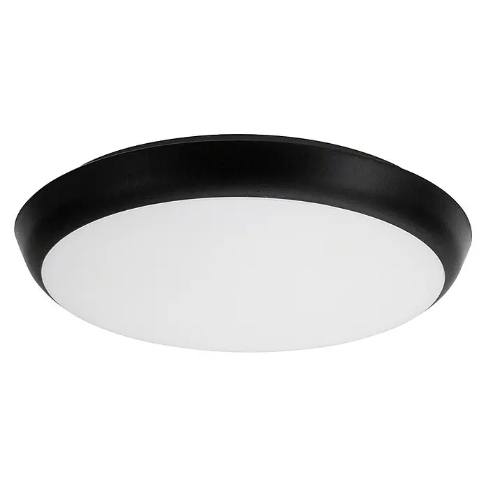 Brumberg Makira LED-Deckenleuchte rund Makira - 18 W, Ø x H: 25 x 48 cm, Schwarz, Warmweiß - Diese Nahaufnahme zeigt eine runde, schwarze Deckenleuchte mit einer weißen, matten Abdeckung, die ein sanftes, diffuses Licht spendet.