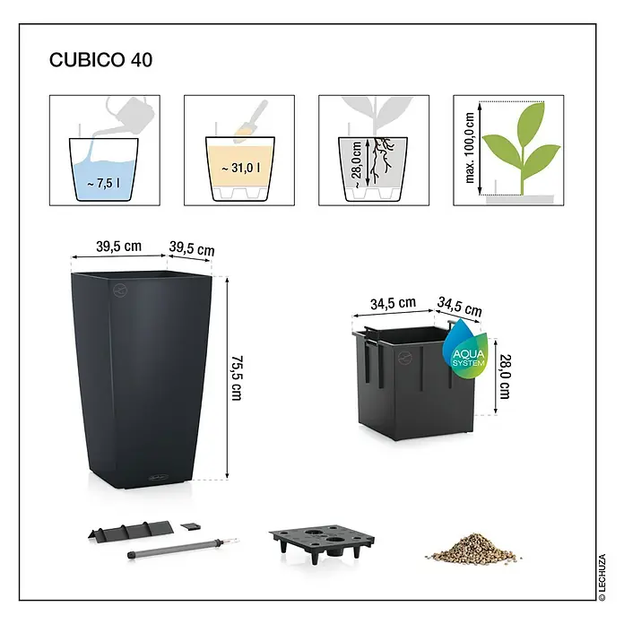 Lechuza Color Pflanzsäule eckig Cubico - Außenmaß (L x B x H): 40 x 40 x 75 cm, Kunststoff, Schiefergrau - Produktbild des CUBICO 40 Pflanzgefäßes mit Maßangaben und Zubehördetails, ideal für stilvolle Zimmer- und Gartengestaltung.