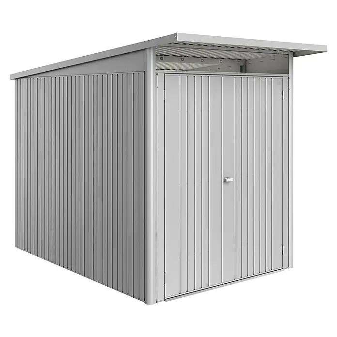 Biohort AvantGarde Gerätehaus Eco A3 - Außenmaß inkl. Dachüberstand (B x T): 180 x 300 cm, Silber Metallic, Doppeltür, Stahl - Ein modernes, graues Metallgartenhaus mit Doppeltür und schützendem Dach für die Aufbewahrung von Gartengeräten und Werkzeugen.