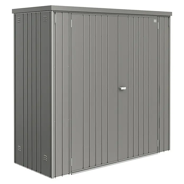 Biohort Geräteschrank - Außenbreite inkl. Dachüberstand: 190 cm, Außentiefe inkl. Dachüberstand: 83 cm, Stahl, Quarzgrau Metallic - Metall-Gartenschrank mit Doppeltür und senkrechten Paneelen. Der Schrank ist ideal für die Aufbewahrung von Gartengeräten und -möbeln.