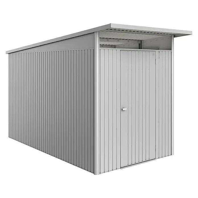 Biohort AvantGarde Gerätehaus Eco A4 - Außenmaß inkl. Dachüberstand (B x T): 180 x 380 cm, Silber Metallic, Einzeltür, Stahl - Bild eines Gerätehauses aus Metall, ideal zur Aufbewahrung von Gartengeräten und -möbeln. Die Konstruktion ist wetterfest und langlebig.
