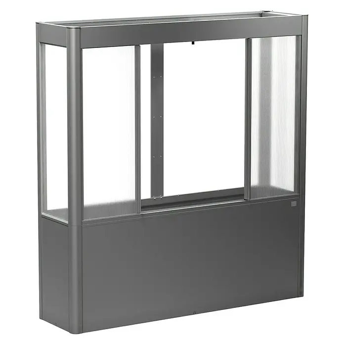 Biohort Florentina Gewächshaus - L x B x H: 54,8 x 201,6 x 213,4 cm, Quarzgrau Metallic, Stahl - Darstellung eines stilvollen, modernen Hochbeets mit transparenten Paneelen und robustem Rahmen. Ideal für Garten und Terrasse.