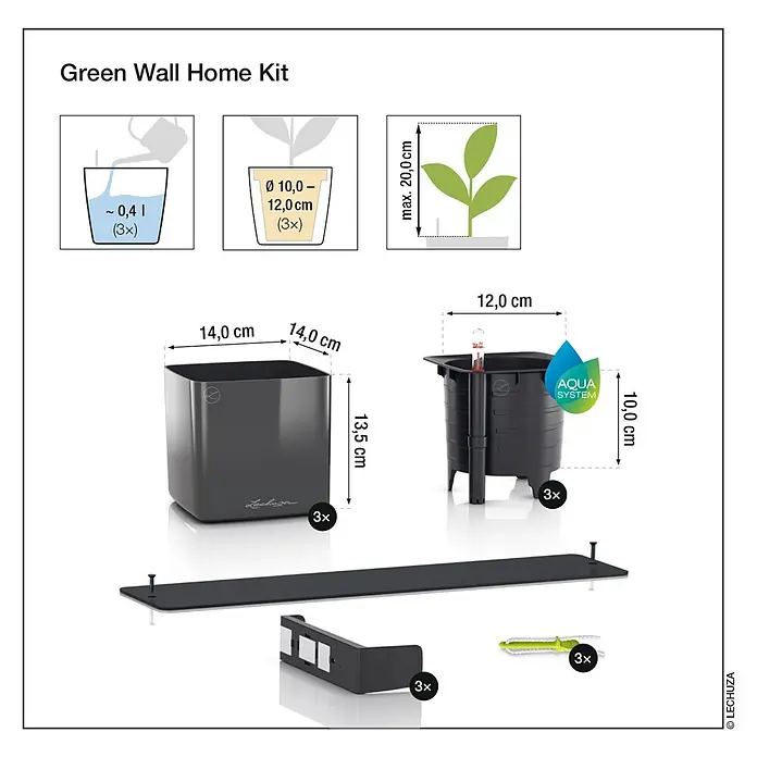 Lechuza Wand-Pflanzkasten Green Wall Color - Außenmaß (L x B x H): 48 x 15 x 14 cm, Kunststoff, Schiefergrau - Produktabbildung des Green Wall Home Kit mit Maßen und Details zu den enthaltenen Komponenten.