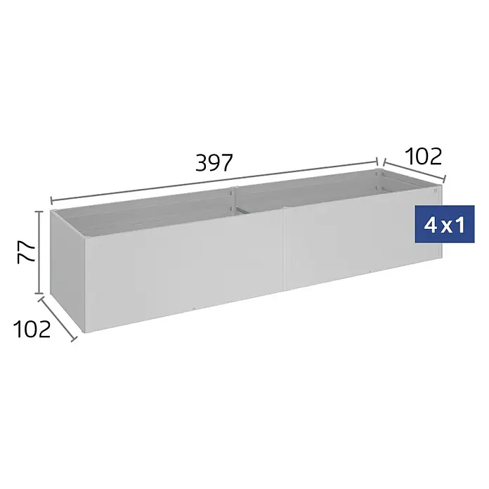 Biohort Hochbeet 4x1 - 397 x 102 x 77 cm, Metall, Dunkelgrau-Metallic - Das Bild zeigt einen grauen Pflanzkasten mit den Maßen 397 x 102 x 77 mm, ideal für die stilvolle Gartengestaltung.