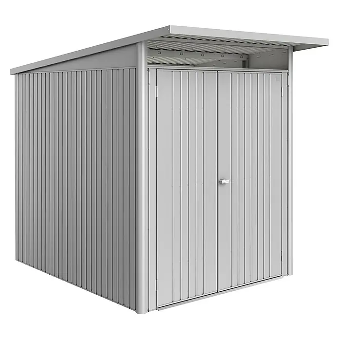Biohort AvantGarde Gerätehaus Eco A2 - Außenmaß inkl. Dachüberstand (B x T): 180 x 260 cm, Silber Metallic, Doppeltür, Stahl - Abbildung eines Geräteschuppens aus Metall mit Doppeltür und schrägem Dach, ideal zur Aufbewahrung von Gartengeräten und Werkzeugen im Freien.