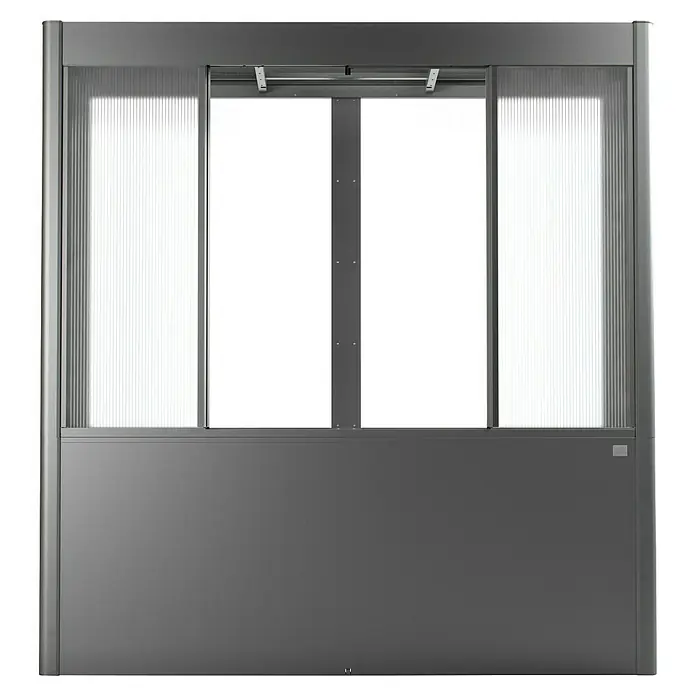 Biohort Florentina Hochbeet-Abdeckung Florentina - L x B x H: 54,8 x 201,6 x 136,4 mm, Dunkelgrau Metallic - Graue Tür mit transparenten, vertikalen Lamellen im oberen Bereich und einer soliden, geschlossenen unteren Hälfte.